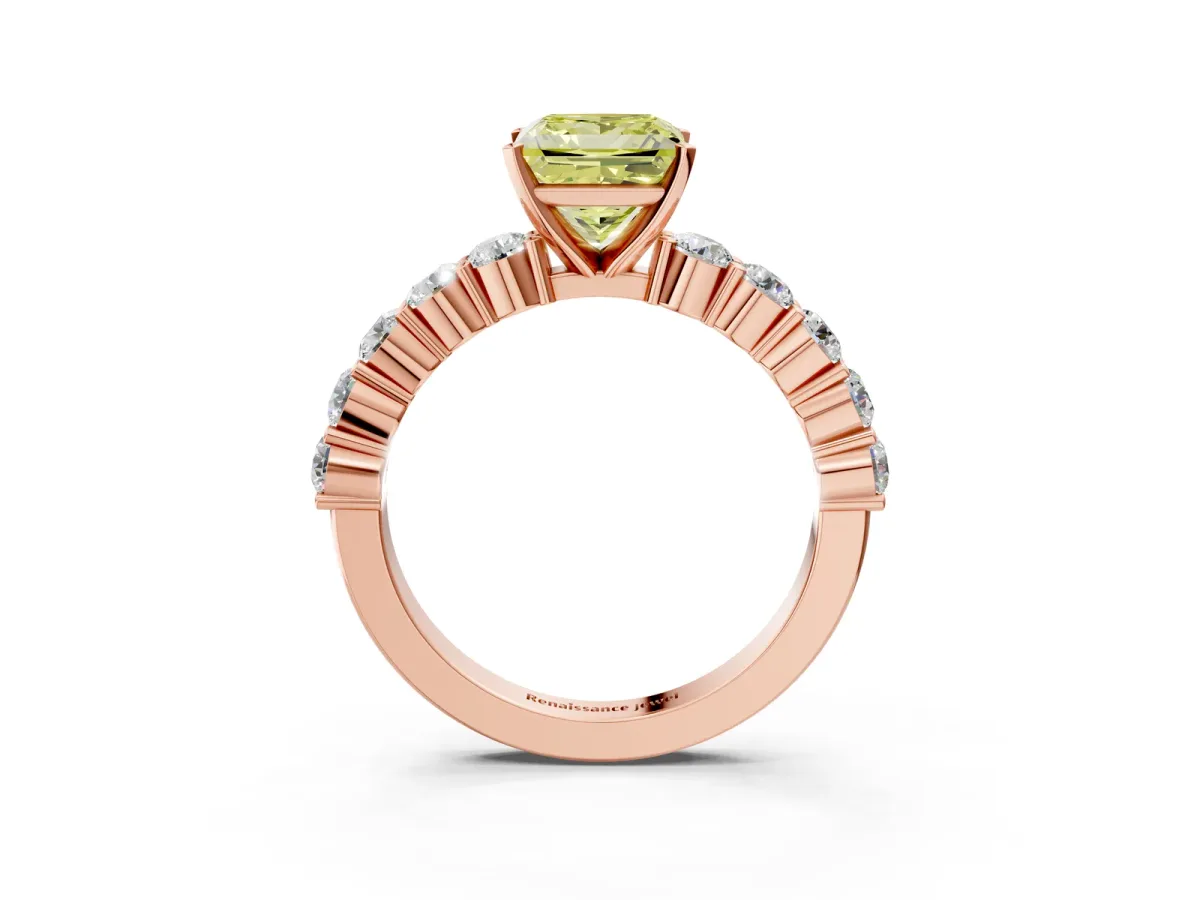 Fancy Yellow Princess Cut Diamond Solitaire Ring with Shared Prong Round Side Stones Rose gold