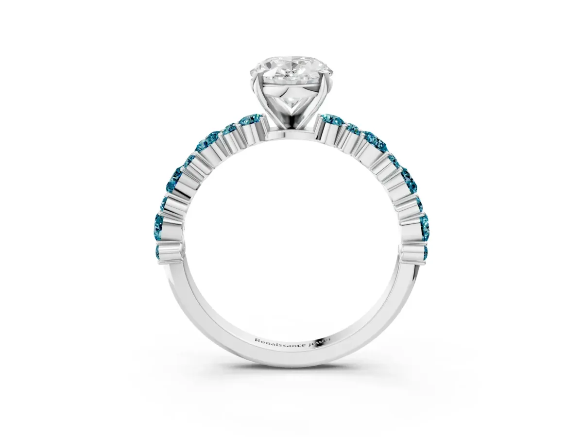 Oval Cut Diamond Side Stone Solitaire Ring with Round Blue Topaz and Four-Prong Setting White gold