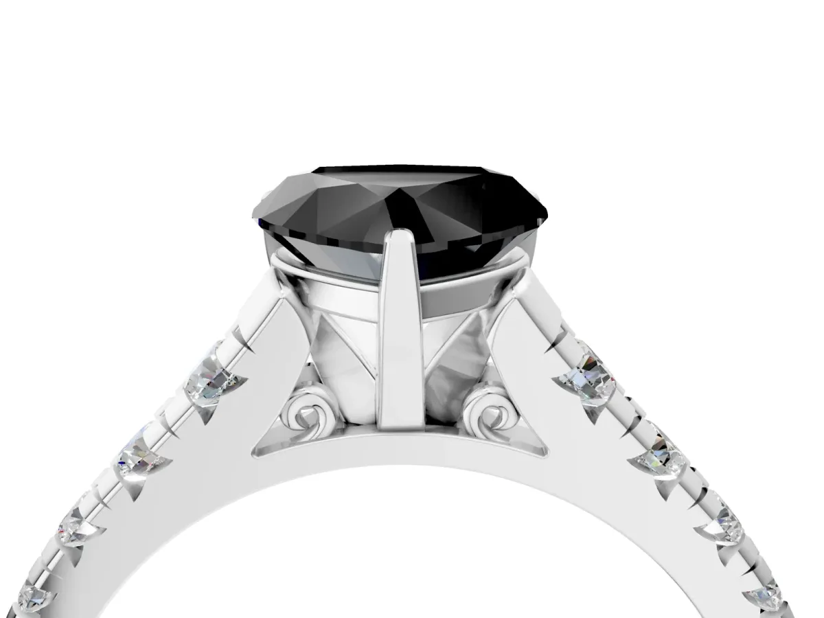 Fancy Black Heart Cut Diamond Cathedral Solitaire Ring with Round Pavé Band Silver