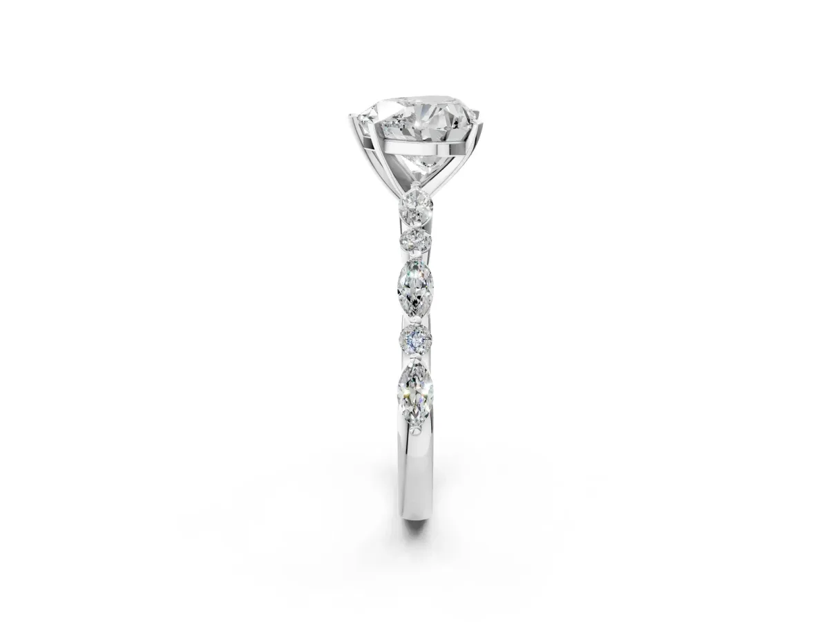 Heart Cut Diamond Ring with Marquise and Round Side Stones and Four-Prong Setting Silver