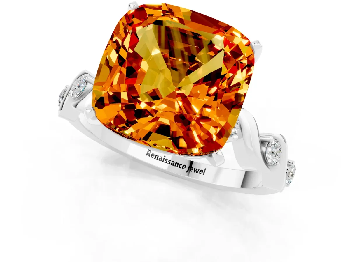 Cushion Cut Citrine Solitaire Twisted Band with Round Accents and Prong Setting Silver