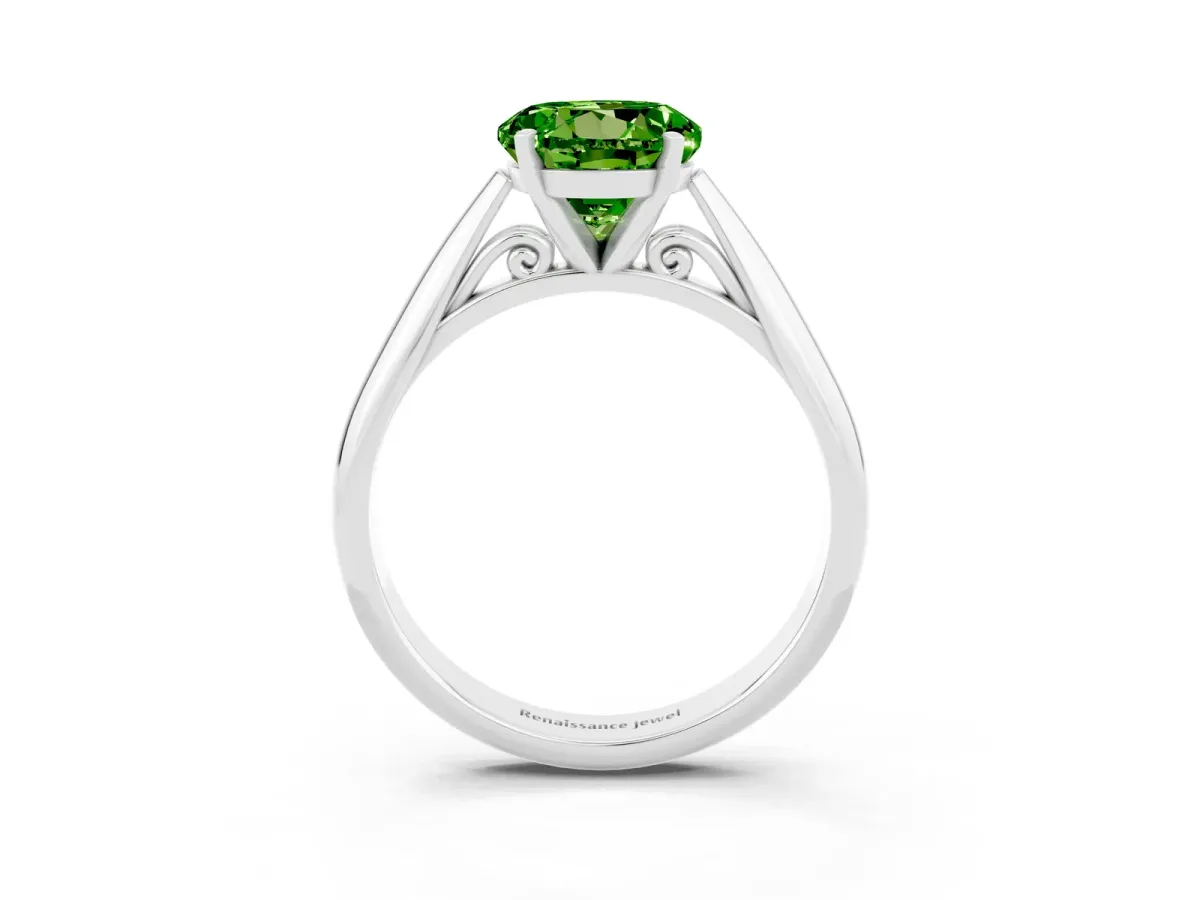 Round Cut Peridot Solitaire Engagement Ring with Cathedral Setting and Four-Prong Mount White gold