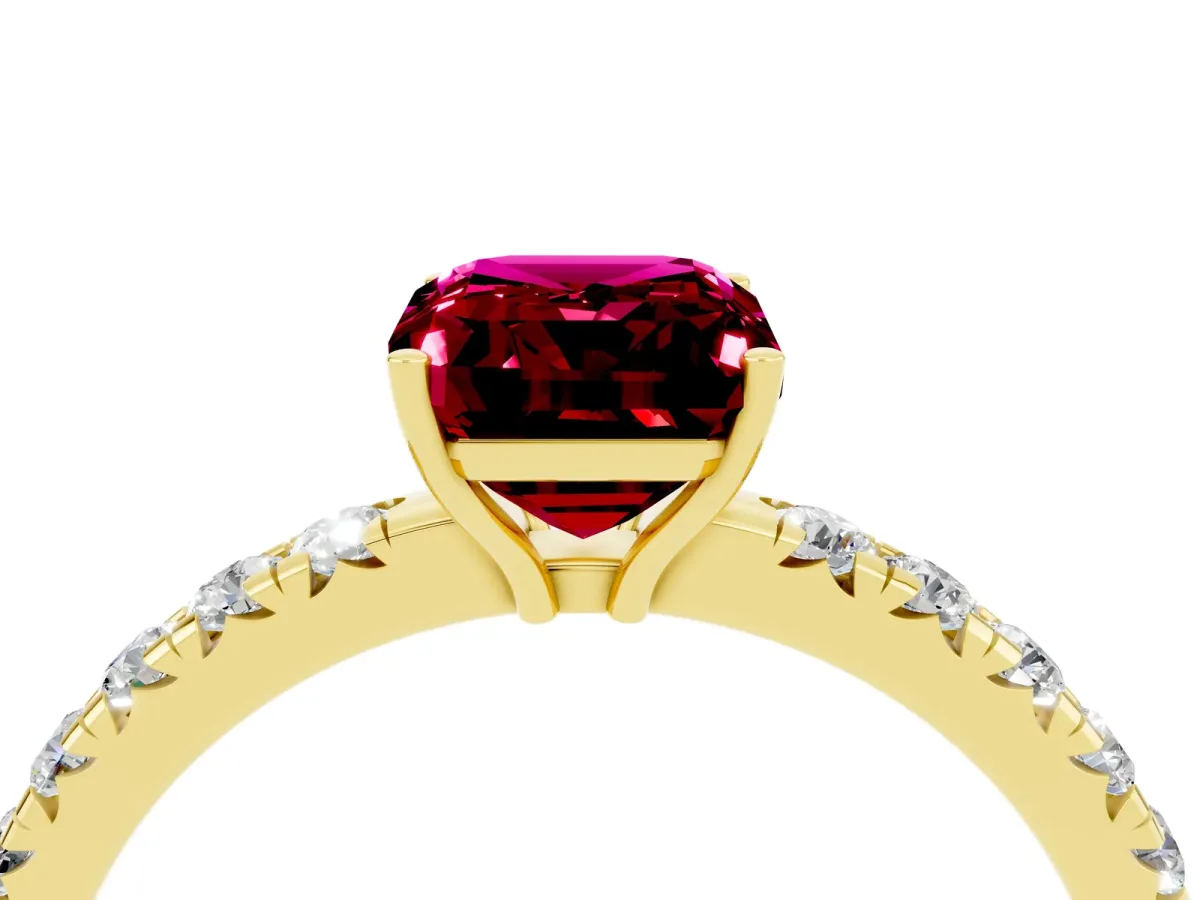 Emerald Cut Garnet Pavé Solitaire Engagement Ring with Four-Prong Setting Yellow gold