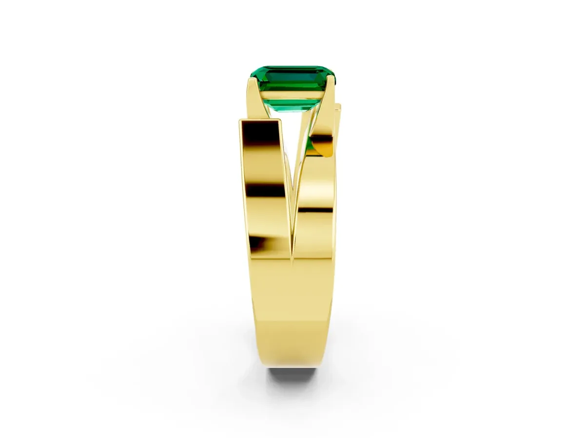 Modern Tension Set Emerald Cut Emerald Solitaire Wide Band Ring Yellow gold