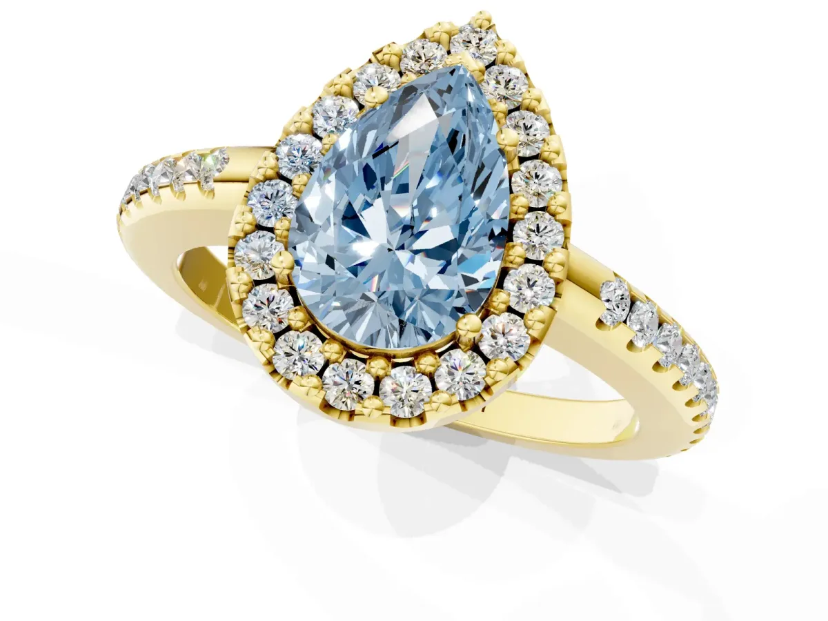 Fancy Blue Pear Cut Diamond Pavé Halo Ring with Four-Prong Setting Yellow gold
