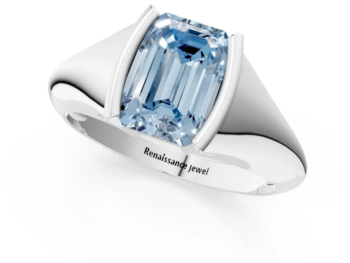 Fancy Blue Emerald Cut Solitaire Tension Set Diamond Ring Platinum