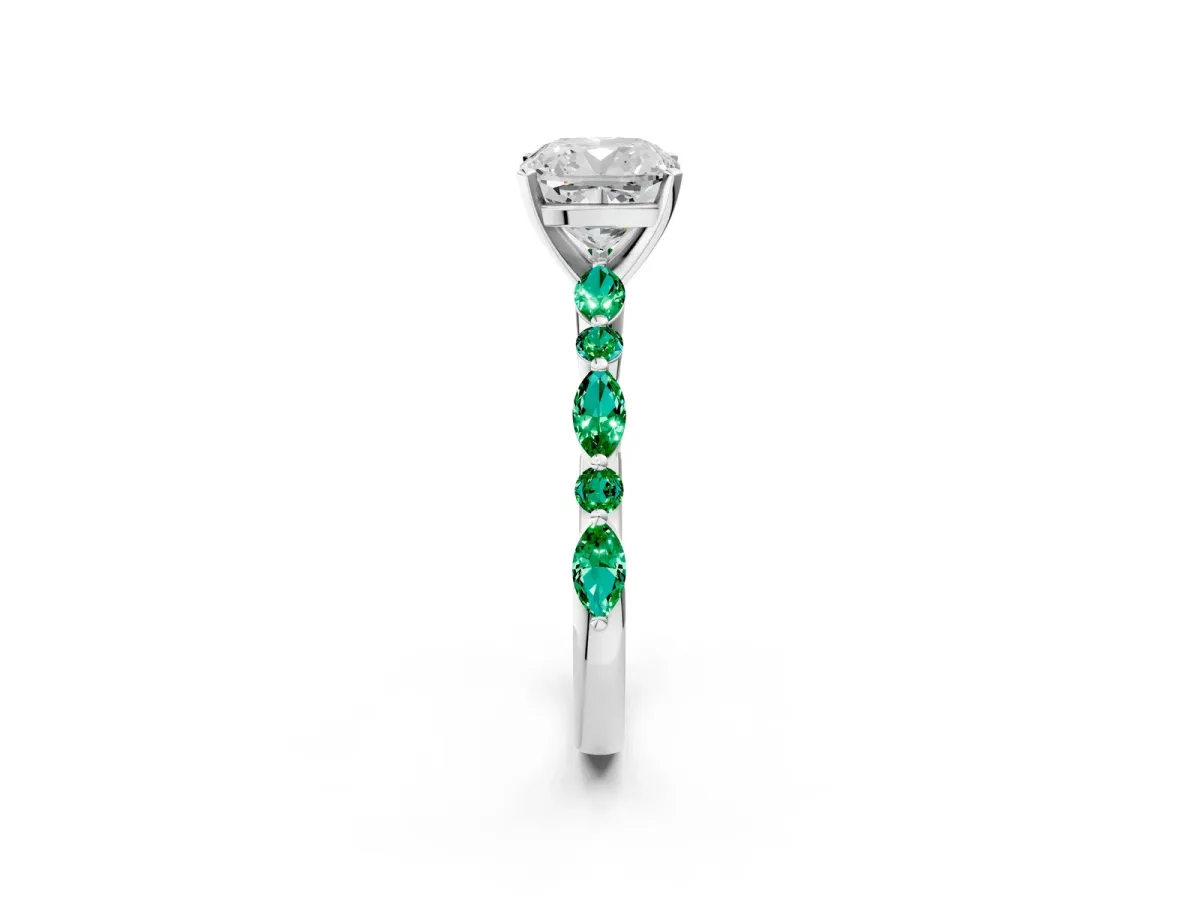 Cushion Cut Diamond Ring with Marquise and Round Emerald Side Stones and Four-Prong Setting Silver