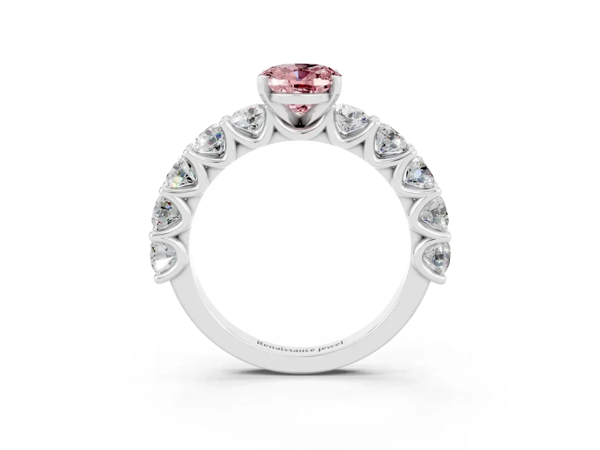 Oval Cut Morganite Prong Setting with Side Stones on a Pave Band Silver