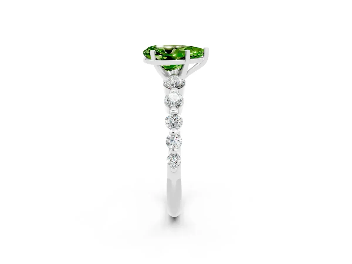 Pear Cut Solitaire Peridot Ring with Pave Band and Four-Prong Setting Platinum
