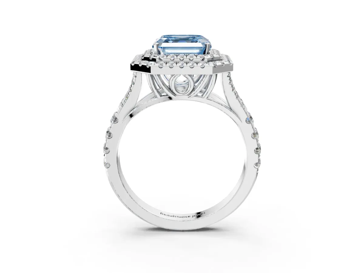 Fancy Blue Asscher Cut Diamond Pavé Split Shank Double Halo Engagement Ring Platinum