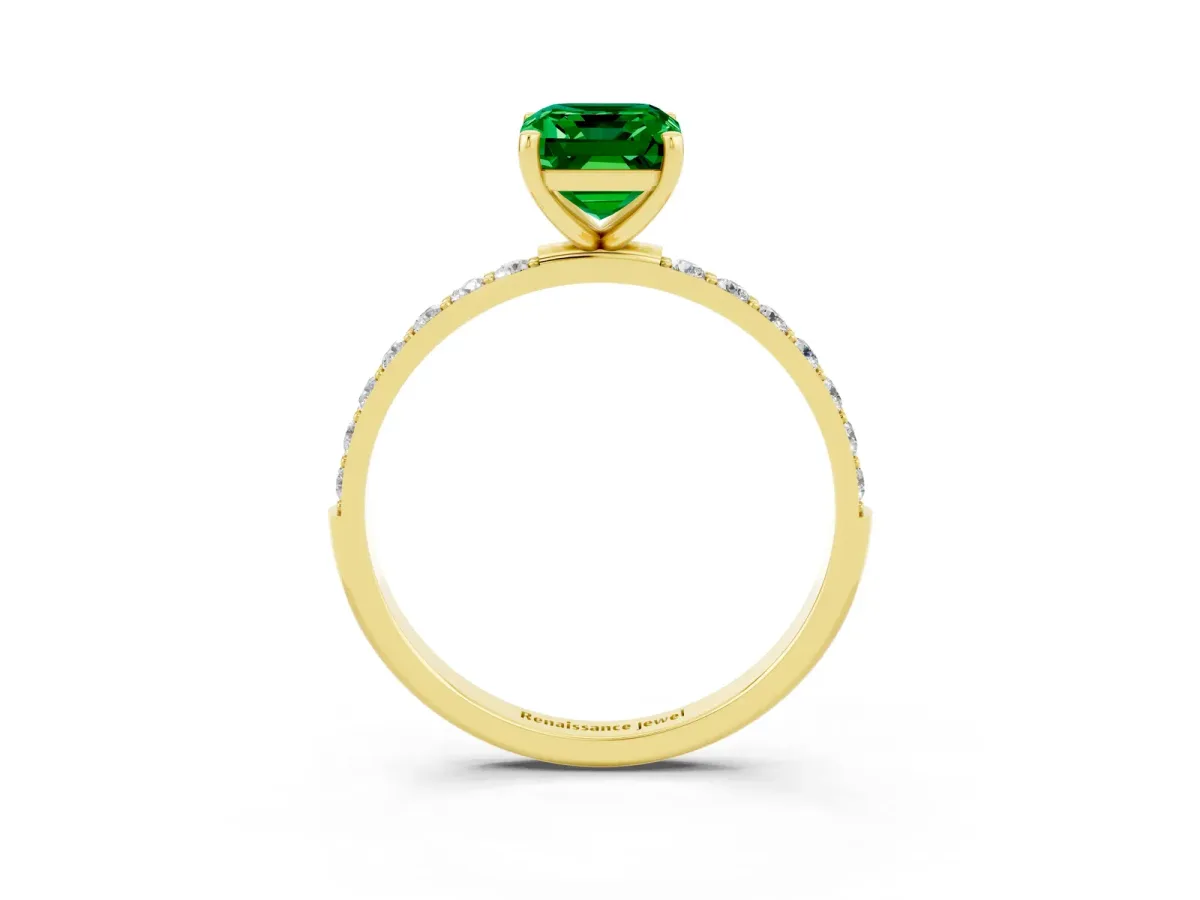 Emerald Cut Emerald Solitaire Ring with Round Pavé Band and Prong Setting Yellow gold