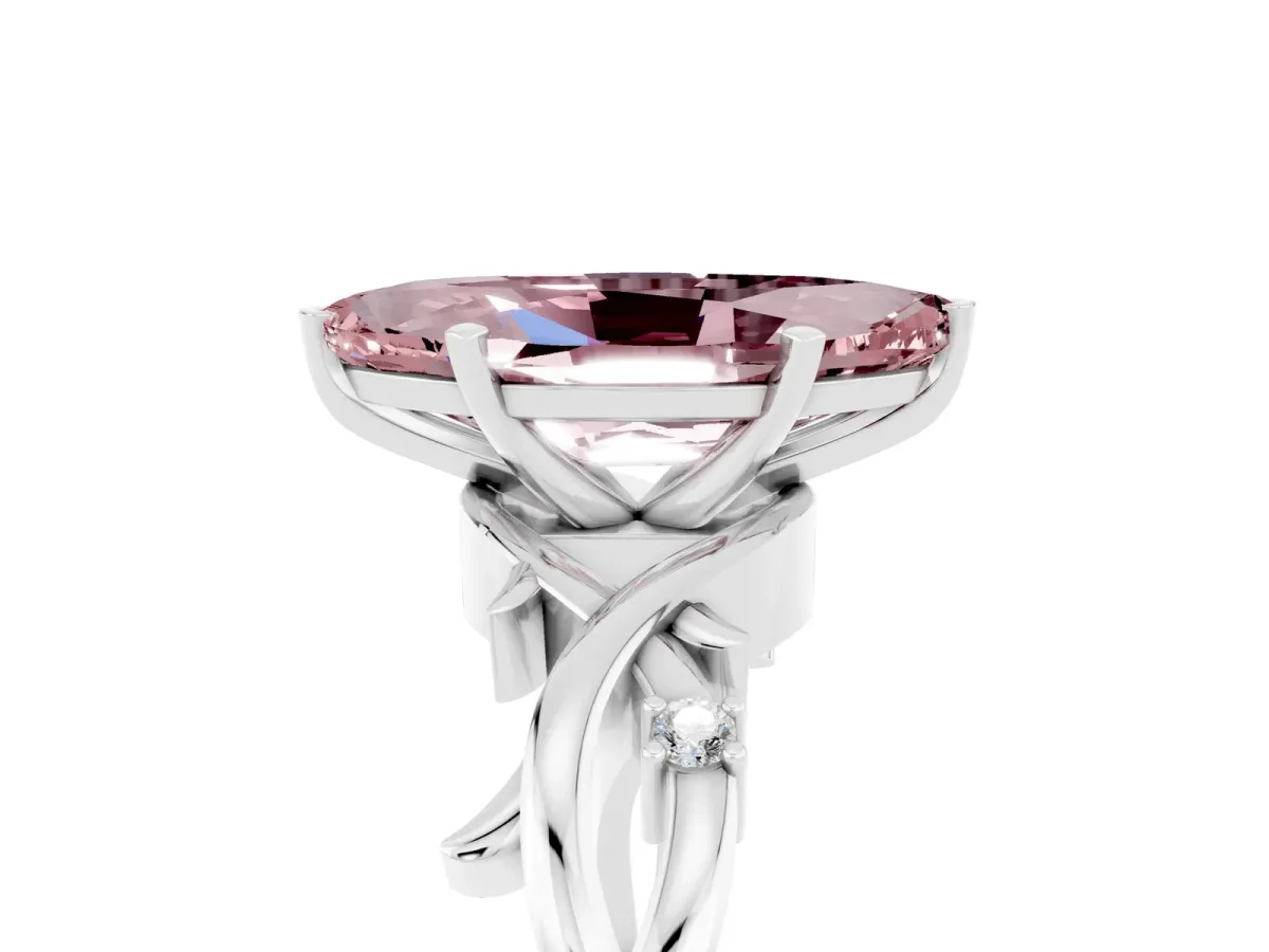 Marquise Cut Morganite Solitaire Ring with Twisted Band and Prong Setting Silver