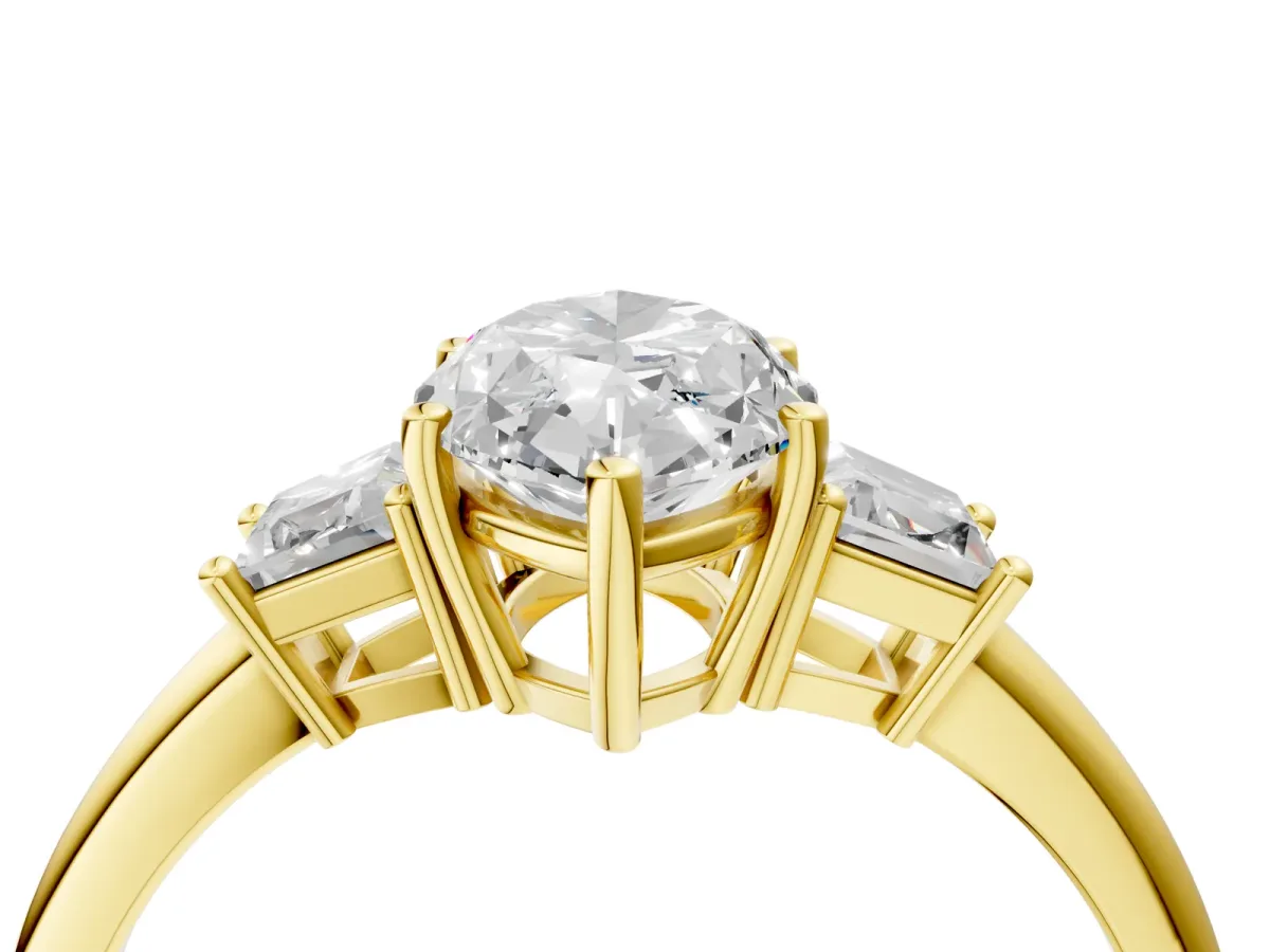 Marquise Cut Diamond Three-Stone Ring with Trapezoid Side Stones and Prong Setting Yellow gold