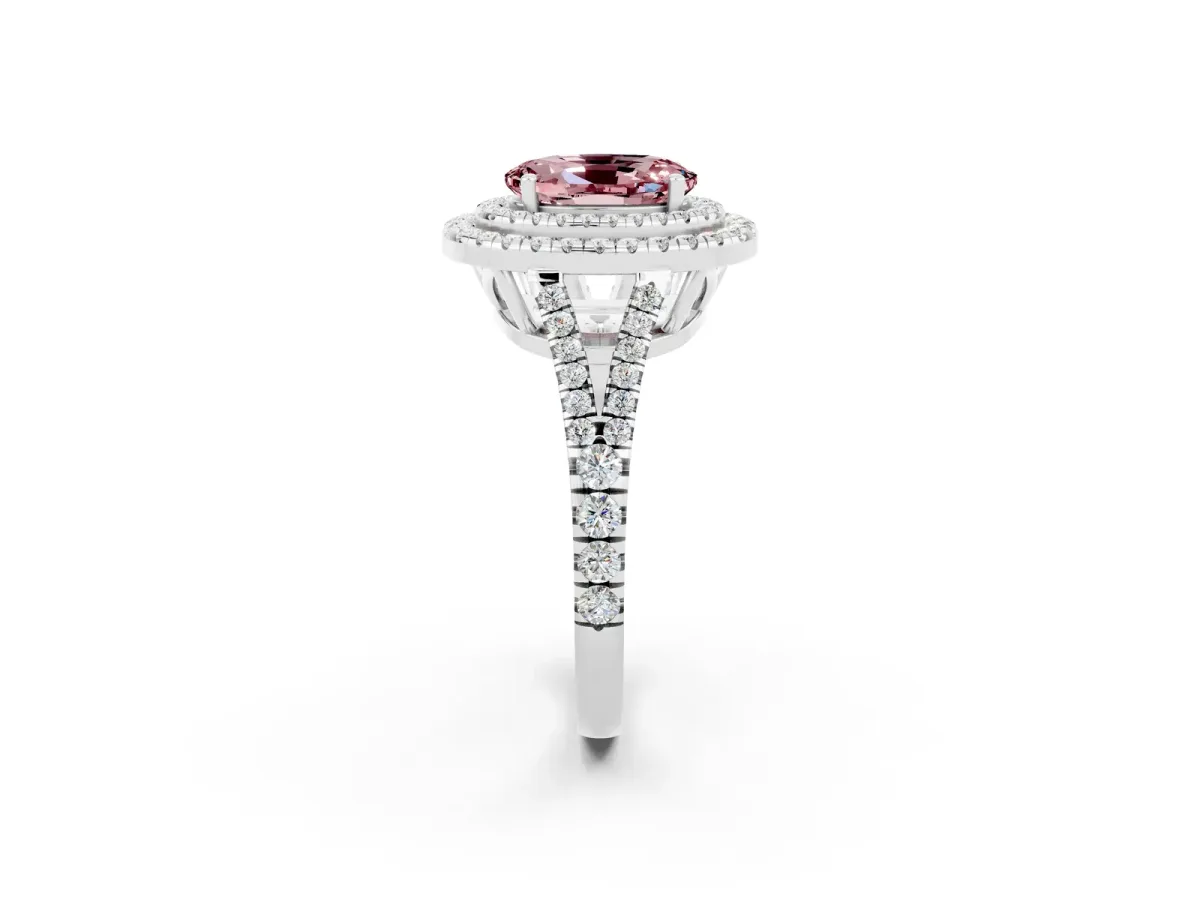 Oval Cut Morganite Double Halo Ring with Pavé Band and Prong Setting Silver