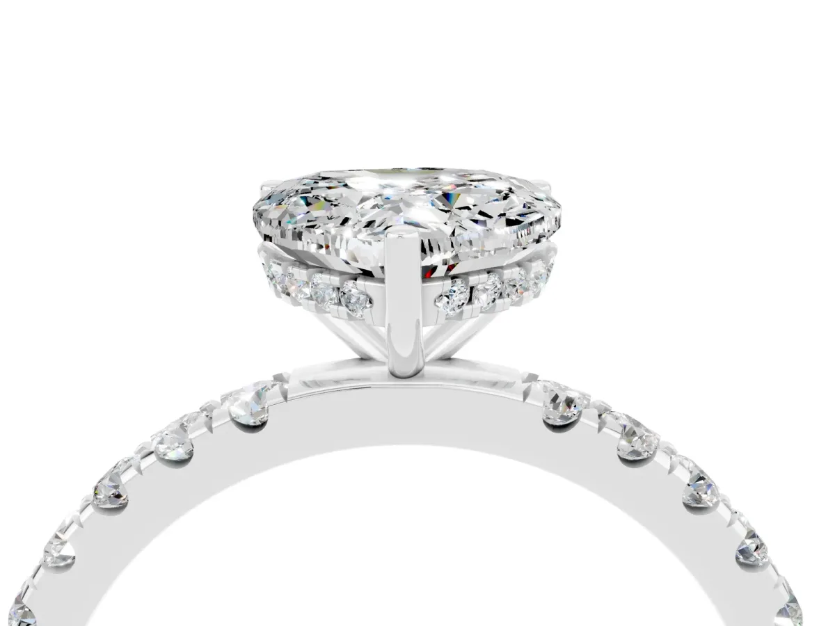 Heart Cut Moissanite Pave Band Solitaire Ring with Round and Prong Setting Silver