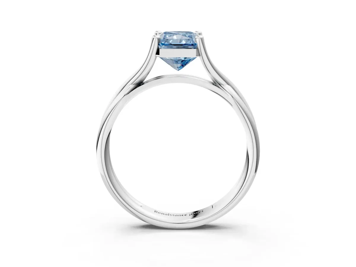 Fancy Blue Radiant Cut Diamond Solitaire Twist Band Prong Setting Ring Platinum