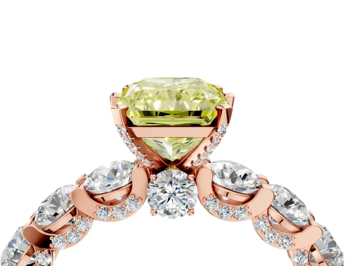 Fancy Yellow Radiant Cut Diamond Side Stone Engagement Ring with Four-Prong Setting Rose gold