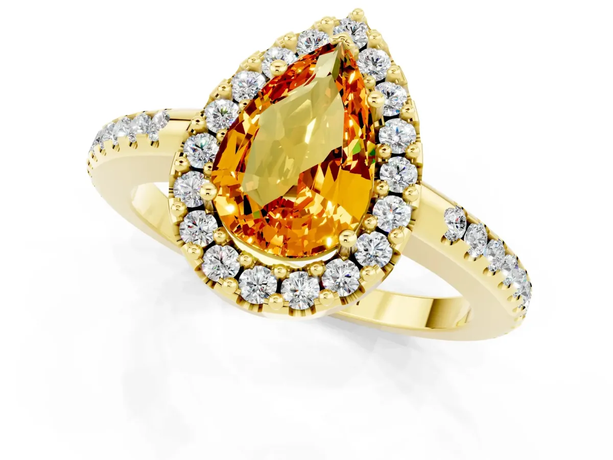 Pear Cut Citrine Pavé Halo Ring with Four-Prong Setting Yellow gold
