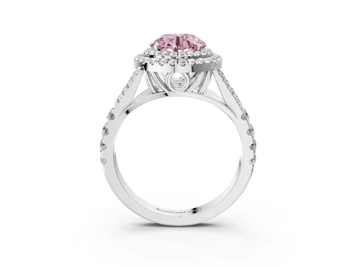 Fancy Pink Double Halo Round Cut Diamond Split Shank Engagement Ring with Four-Prong Setting White gold