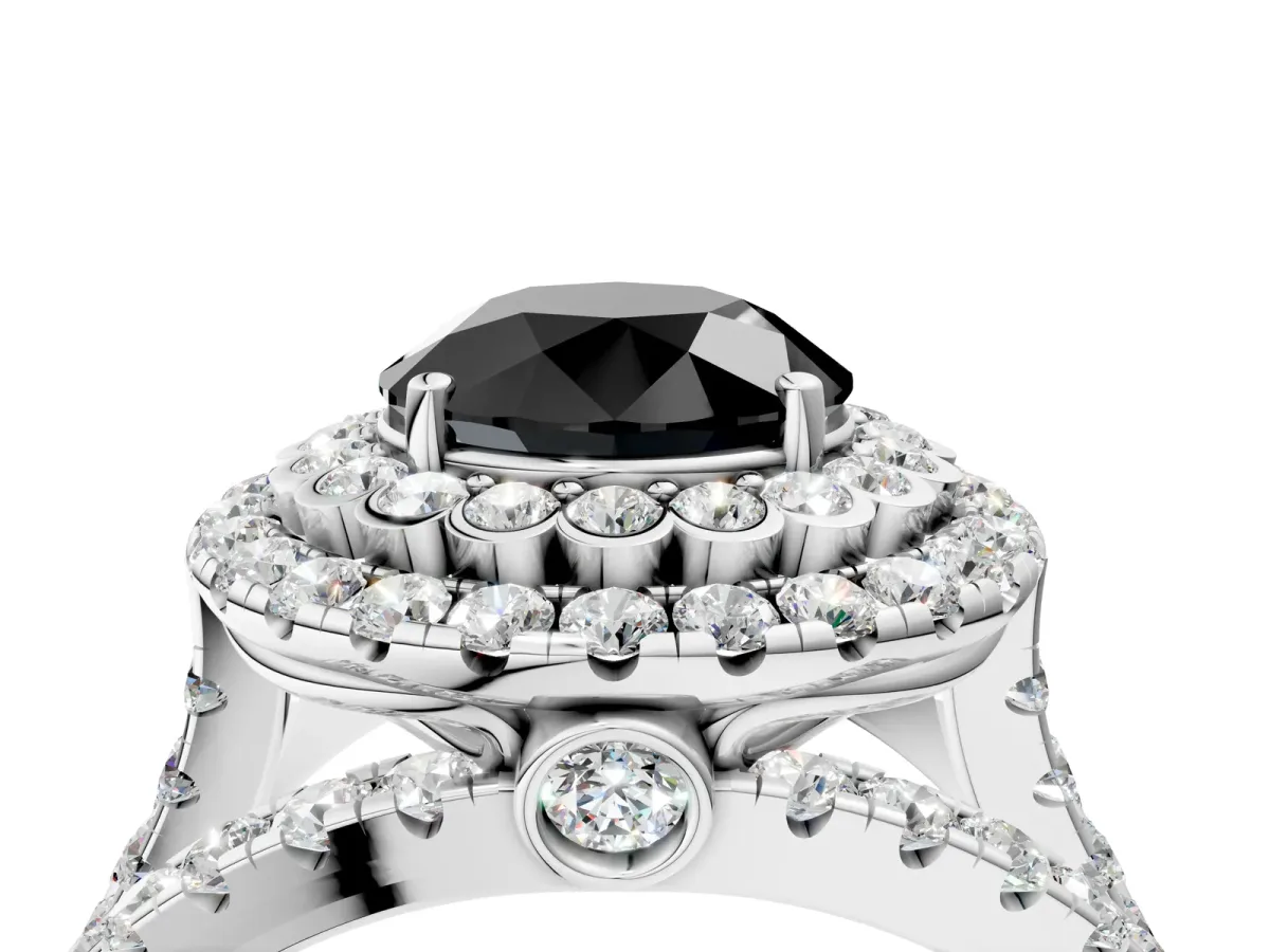 Fancy Black Round Cut Diamond Double Halo Ring with Round Pavé Split Shank and Prong Setting White gold