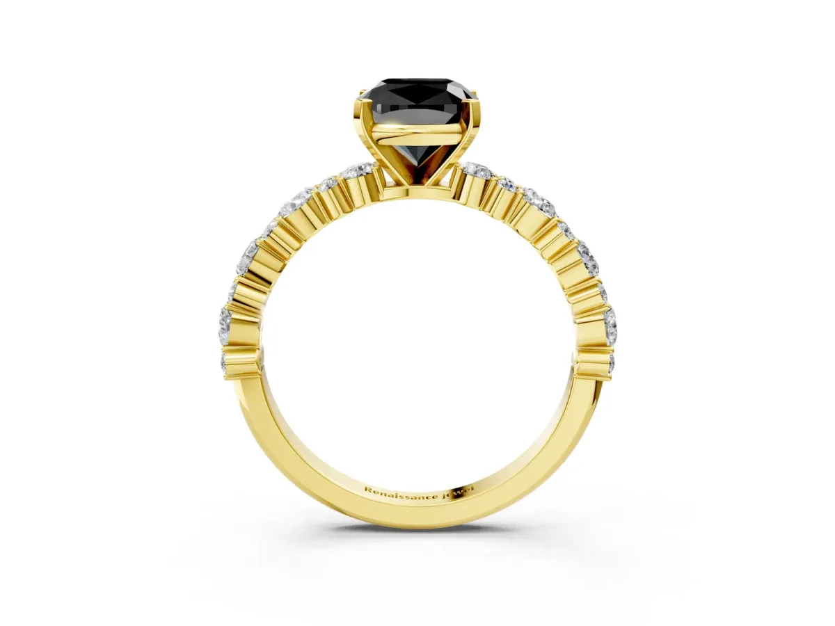Fancy Black Cushion Cut Diamond Side Stone Solitaire Ring with Round and Four-Prong Setting Yellow gold