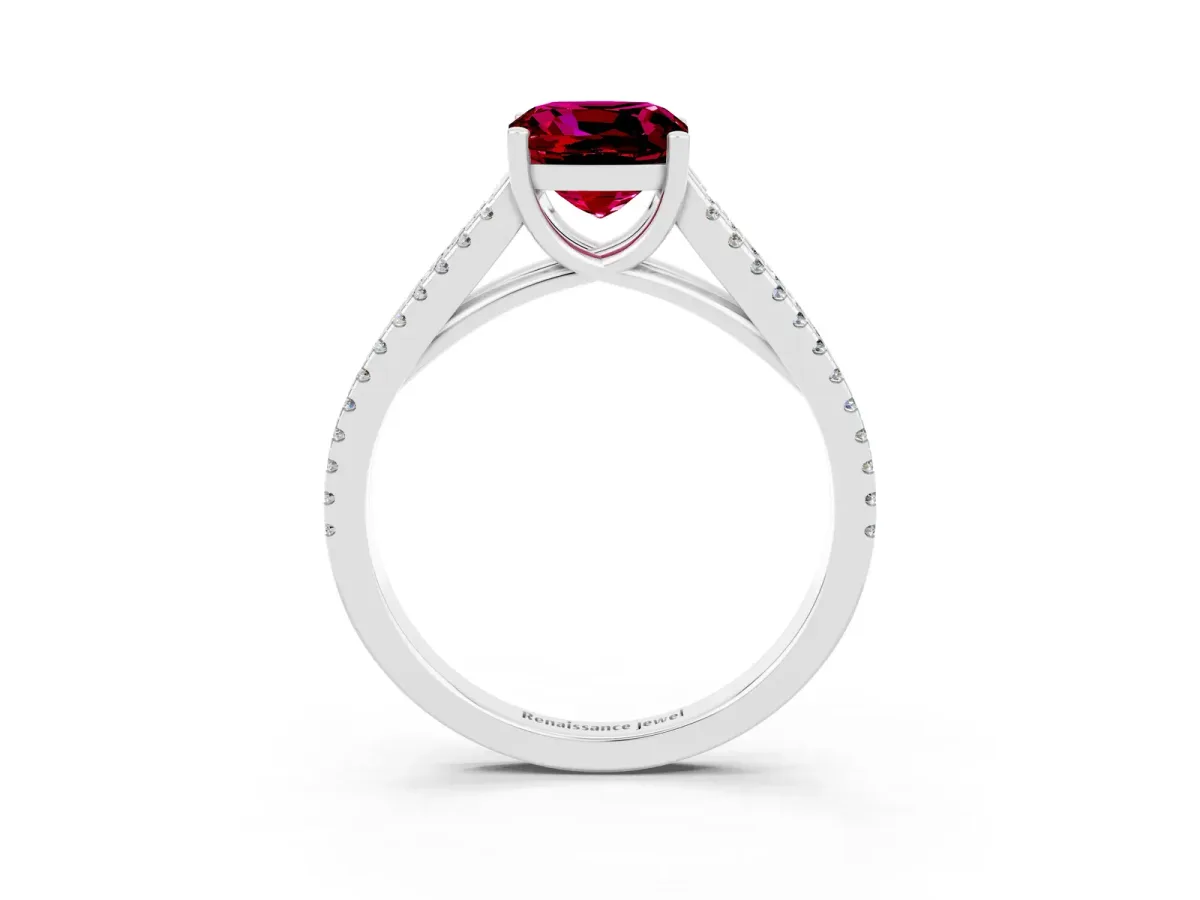 Cushion Cut Garnet Solitaire Engagement Ring with Split Shank Pavé Band Silver