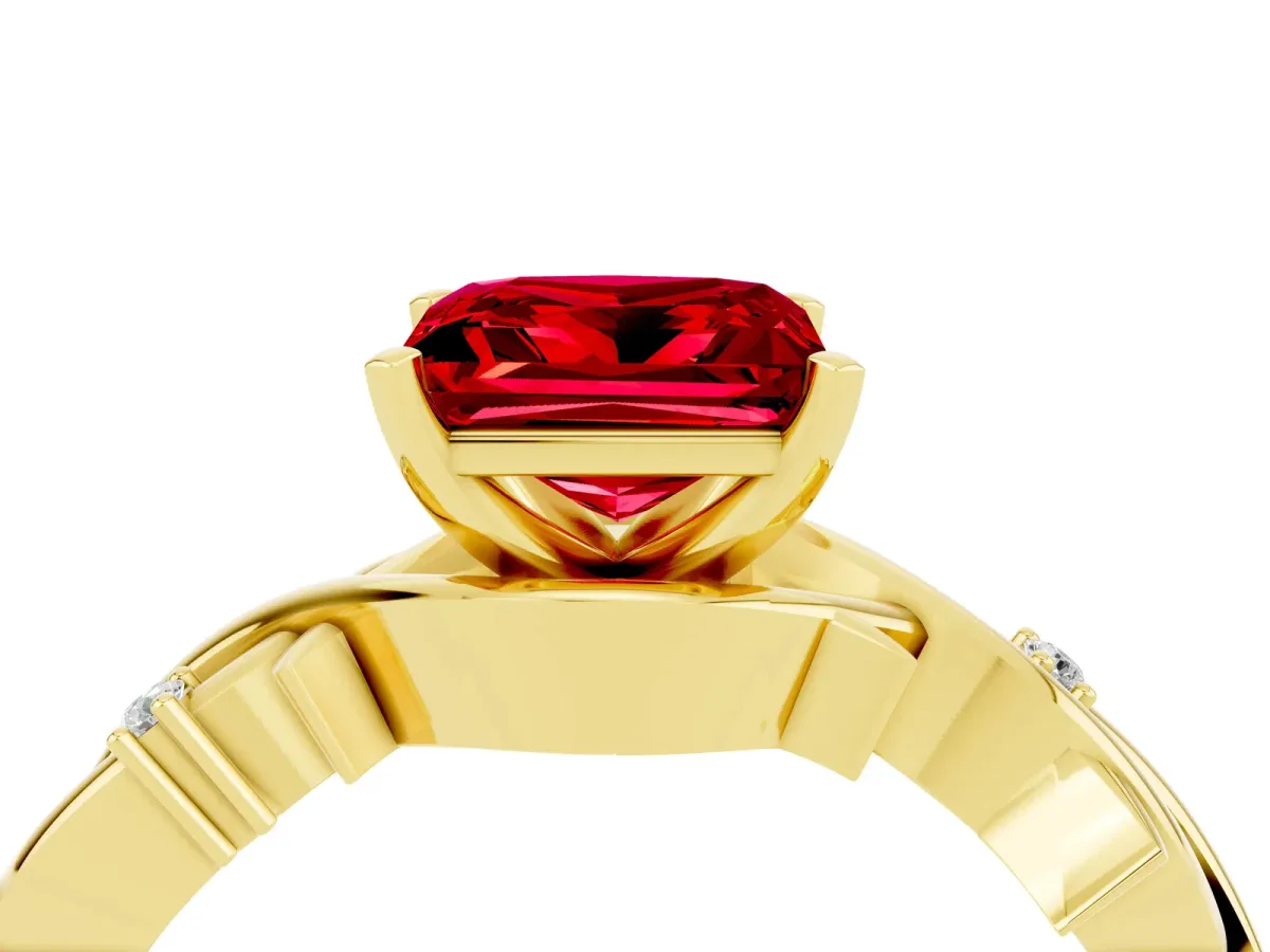Princess Cut Ruby Solitaire Ring with Twisted Band and Prong Setting Yellow gold