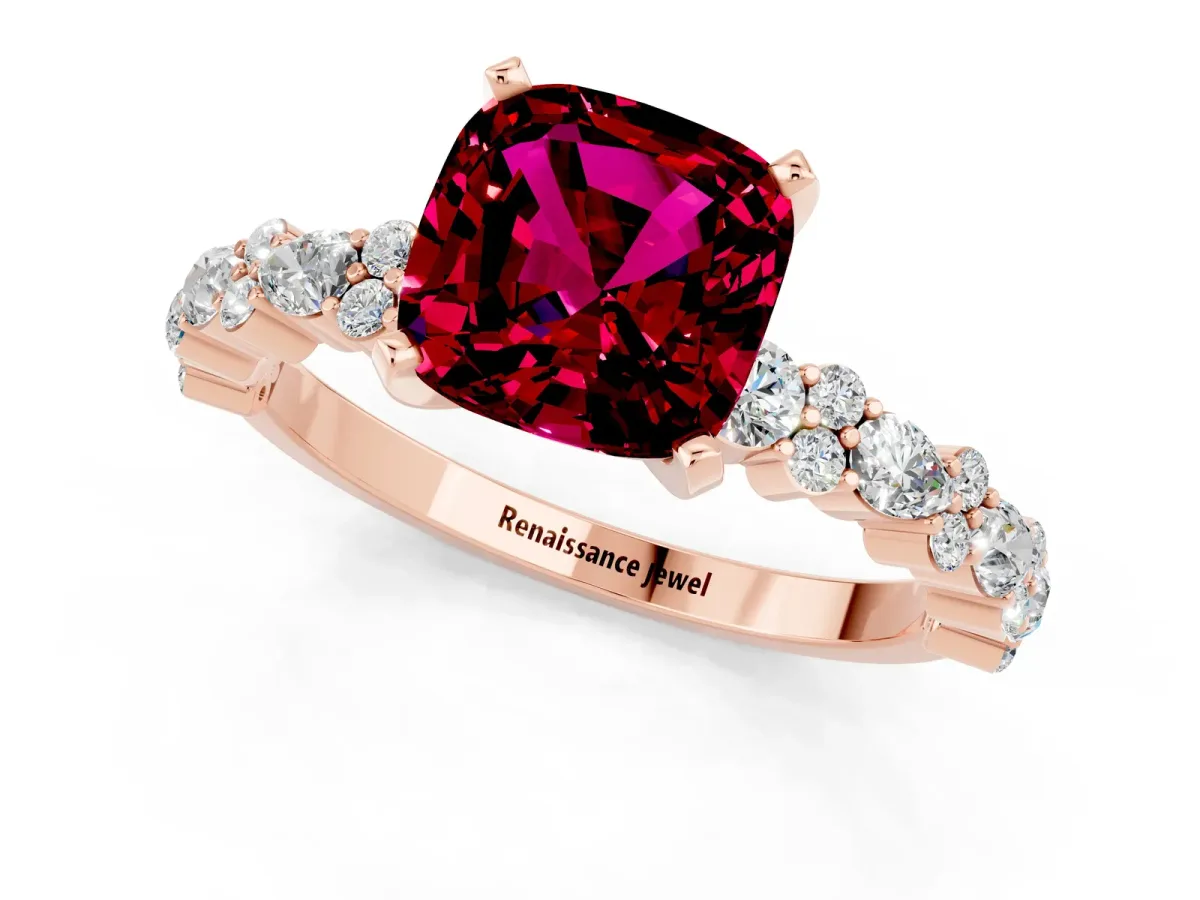 Cushion Cut Garnet Side Stone Solitaire Ring with Round and Four-Prong Setting Rose gold