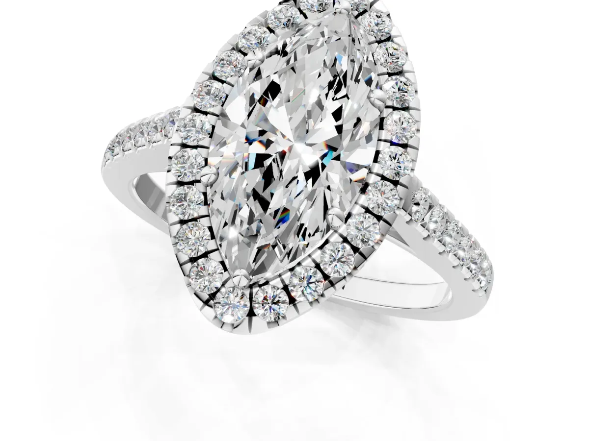Marquise Cut Halo Pavé Diamond Engagement Ring with Four-Prong Setting Silver