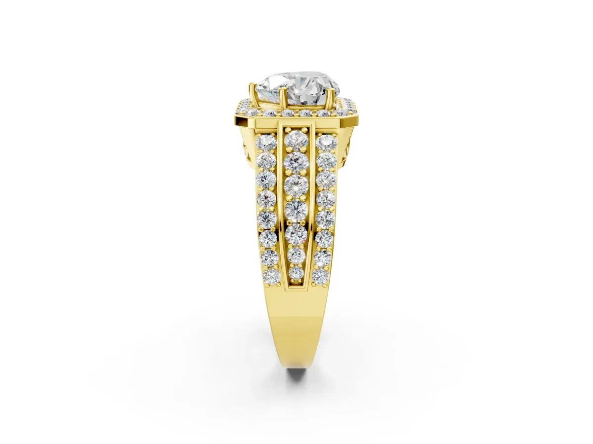 Heart Cut Halo Diamond Ring with Round Split Shank and Prong Setting Yellow gold