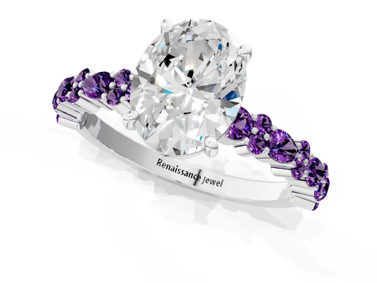 Oval Cut Diamond Side Stone Solitaire Ring with Round Amethyst and Four-Prong Setting White gold