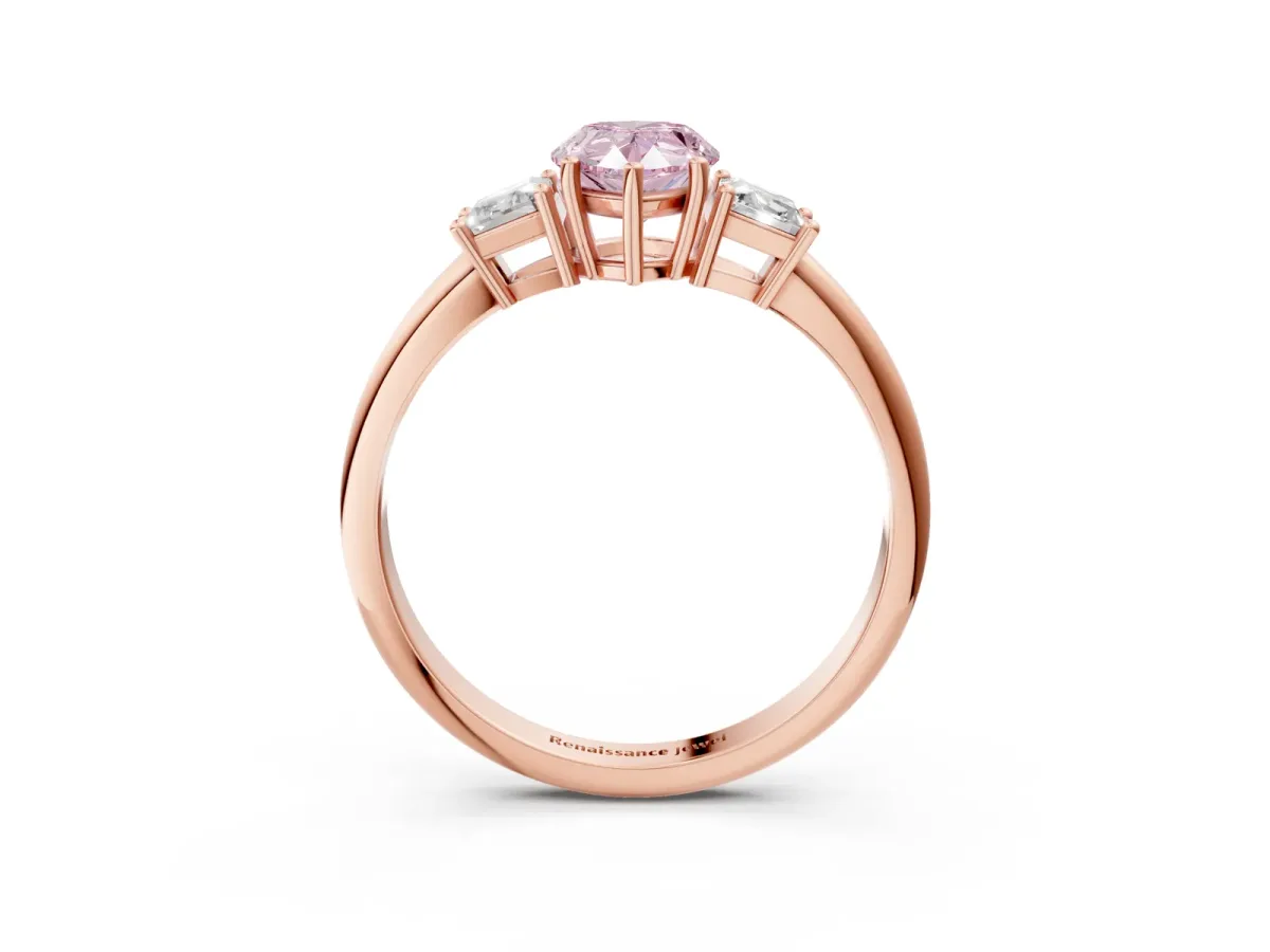 Fancy Pink Pear Cut Diamond Three-Stone Ring with Trapezoid Side Stones and Prong Setting Rose gold