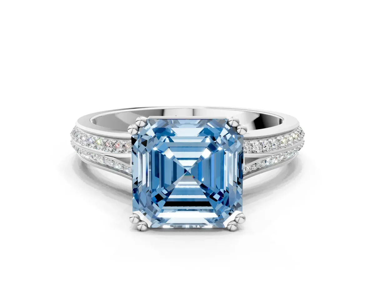 Fancy Blue Asscher Cut Diamond Split Shank Engagement Ring with Pavé Band Platinum