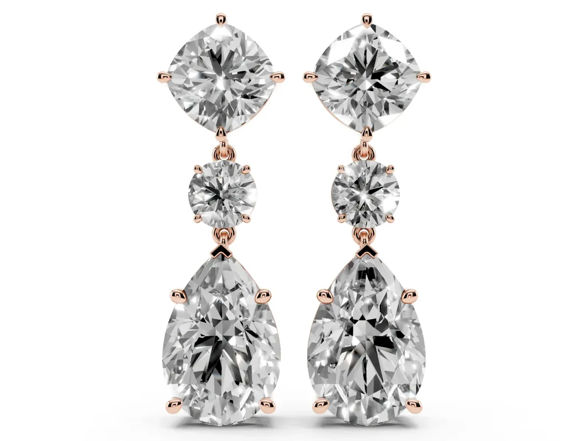 Cushion, Round and Pear Diamond Three-Stone Drop Earrings Rose gold