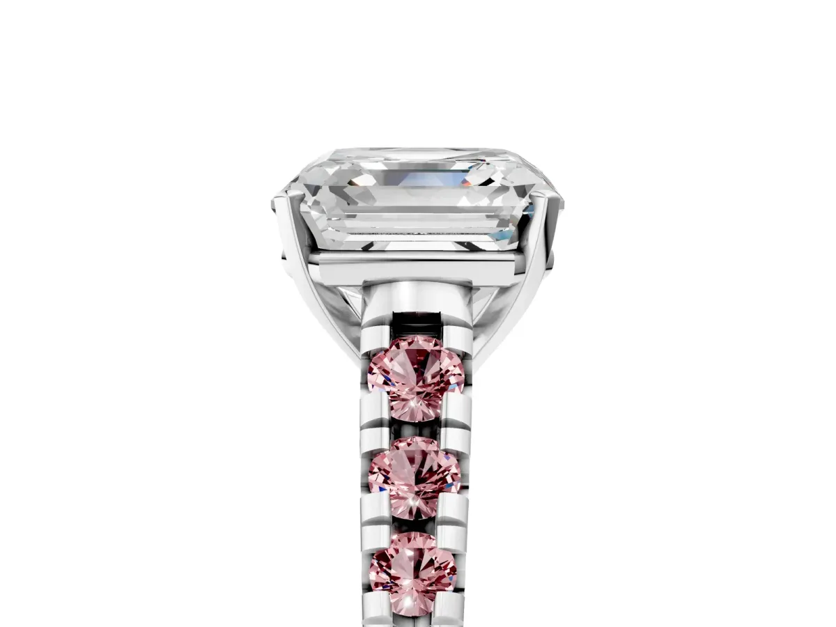 Asscher Cut Diamond Cathedral Solitaire Ring with Round Morganite Pavé Band Silver