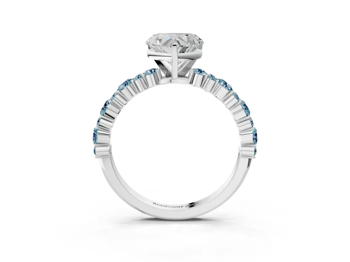 Heart Cut Diamond Side Stone Solitaire Ring with Round Aquamarine and Four-Prong Setting Silver