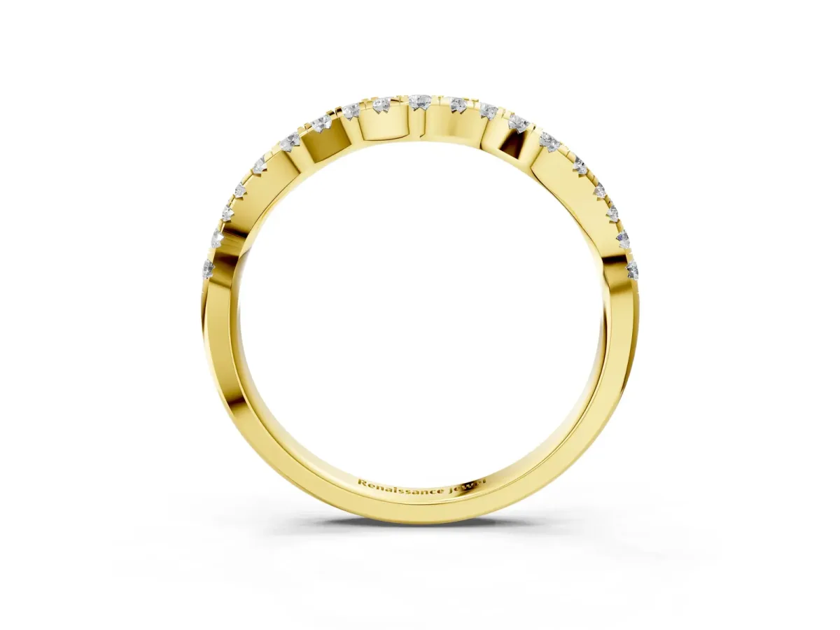 Round Diamond Scalloped Pavé Wedding Band with Shared Prong Setting Yellow gold