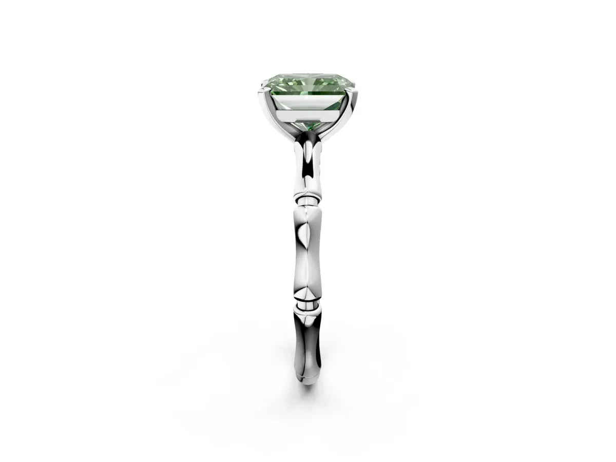 Fancy Green Radiant Cut Solitaire Diamond Ring with Bamboo Band and Four-Prong Setting Platinum