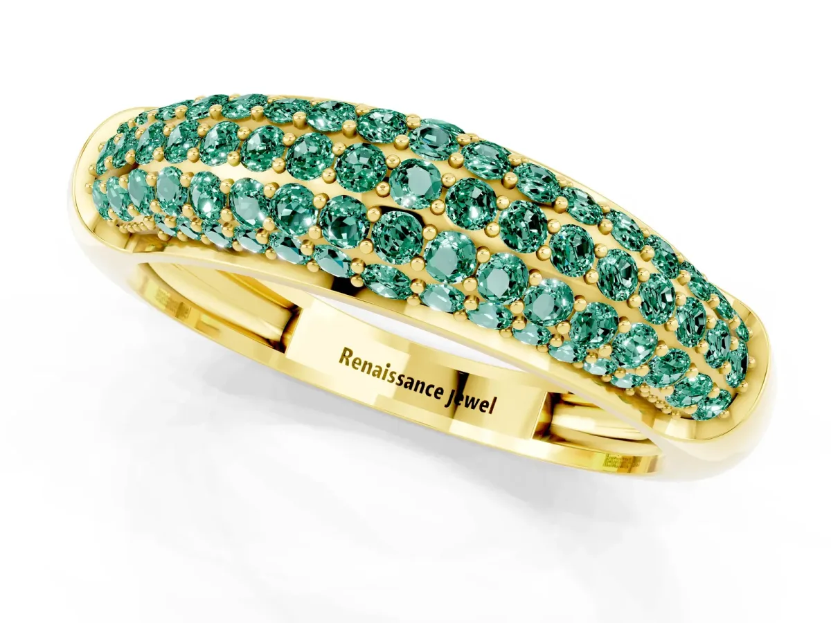 Three-Row Pavé Round Green Sapphire Dome Band Yellow gold