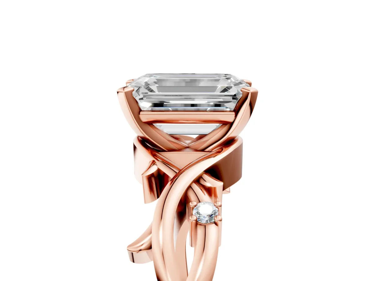 Emerald Cut Diamond Solitaire Ring with Twisted Band and Prong Setting Rose gold