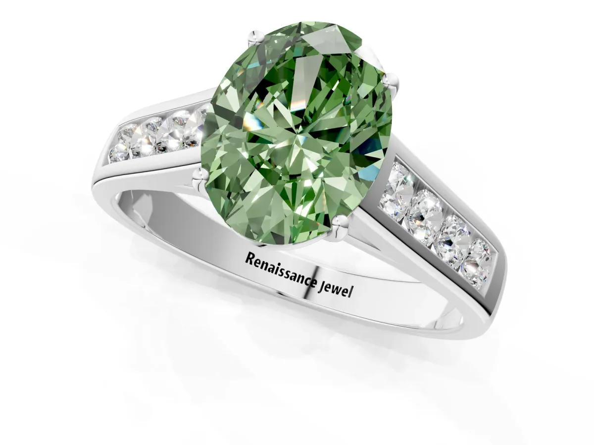 Fancy Green Oval Cut Brilliant Channel-Set Solitaire Ring with Four-Prong Setting White gold