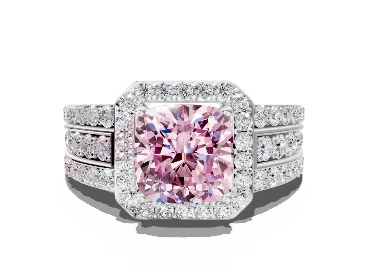 Fancy Pink Cushion Cut Halo Diamond Ring with Round Split Shank and Prong Setting Platinum