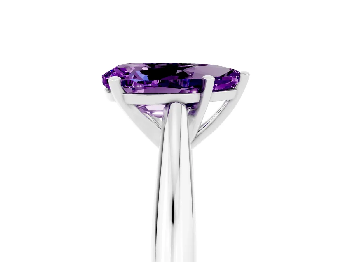 Pear Cut Amethyst Solitaire Engagement Ring with Cathedral Setting and Four-Prong Mount White gold