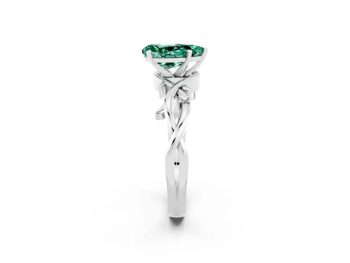 Pear Cut Green Sapphire Solitaire Ring with Twisted Band and Prong Setting Platinum