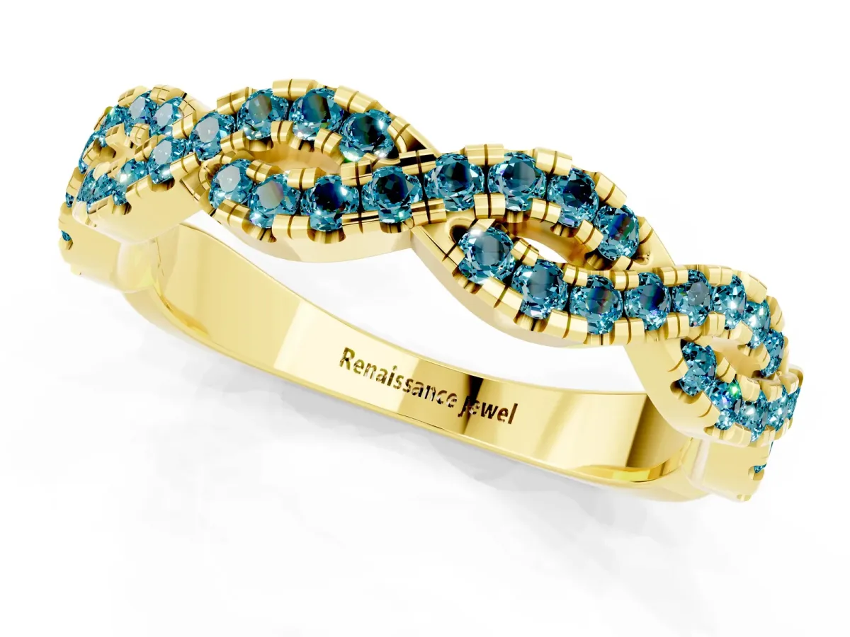 Round Blue Topaz Twisted Eternity Band with Pavé and Shared Prong Setting Yellow gold