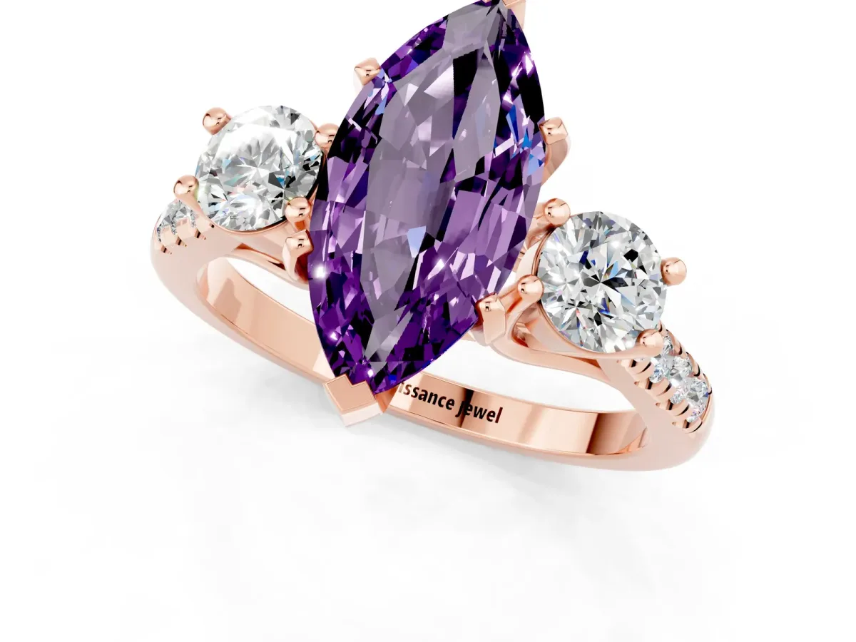 Three-Stone Marquise Cut Amethyst Pavé Band with Four-Prong Setting Rose gold