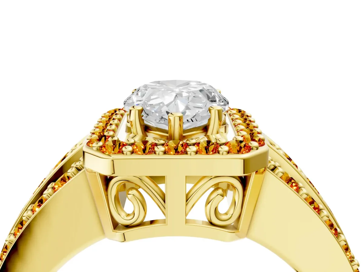 Pear Cut Halo Diamond Ring with Round Citrine Split Shank and Prong Setting Yellow gold