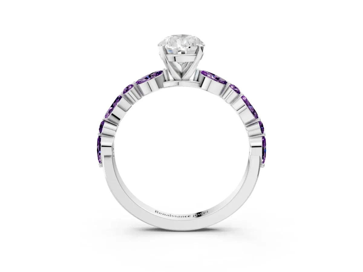 Pear Cut Diamond Ring with Marquise and Round Amethyst Side Stones and Four-Prong Setting Silver