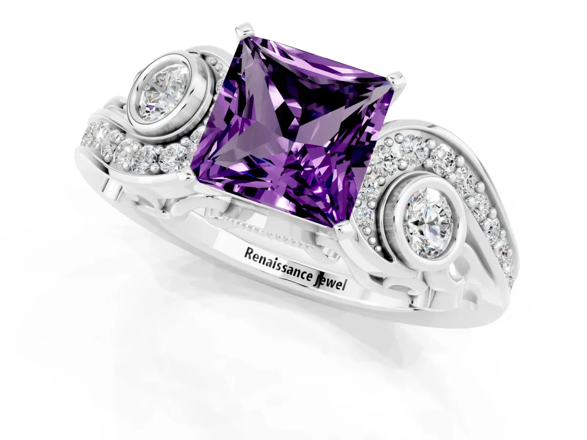 Princess Cut Amethyst Solitaire Ring with Milgrain Pavé Band and Four-Prong Setting Silver