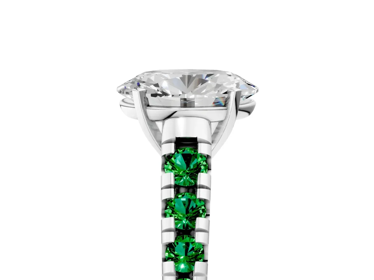 Oval Cut Diamond Cathedral Solitaire Ring with Round Emerald Pavé Band Silver